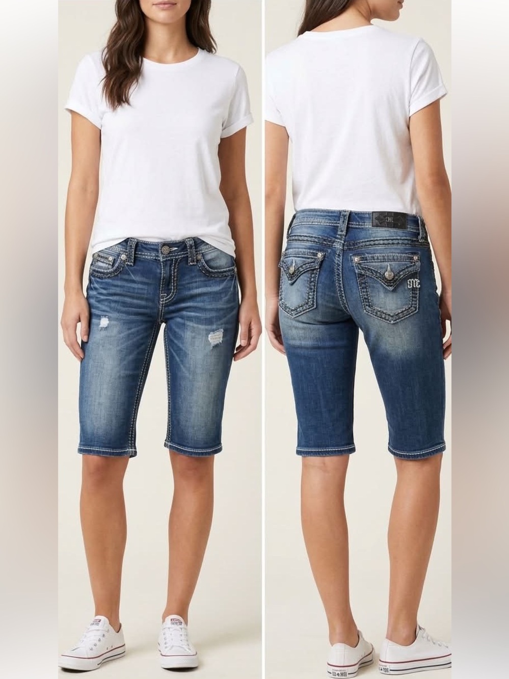 Miss Me Embroidered Denim Signature Bermuda Shorts - Size 28
